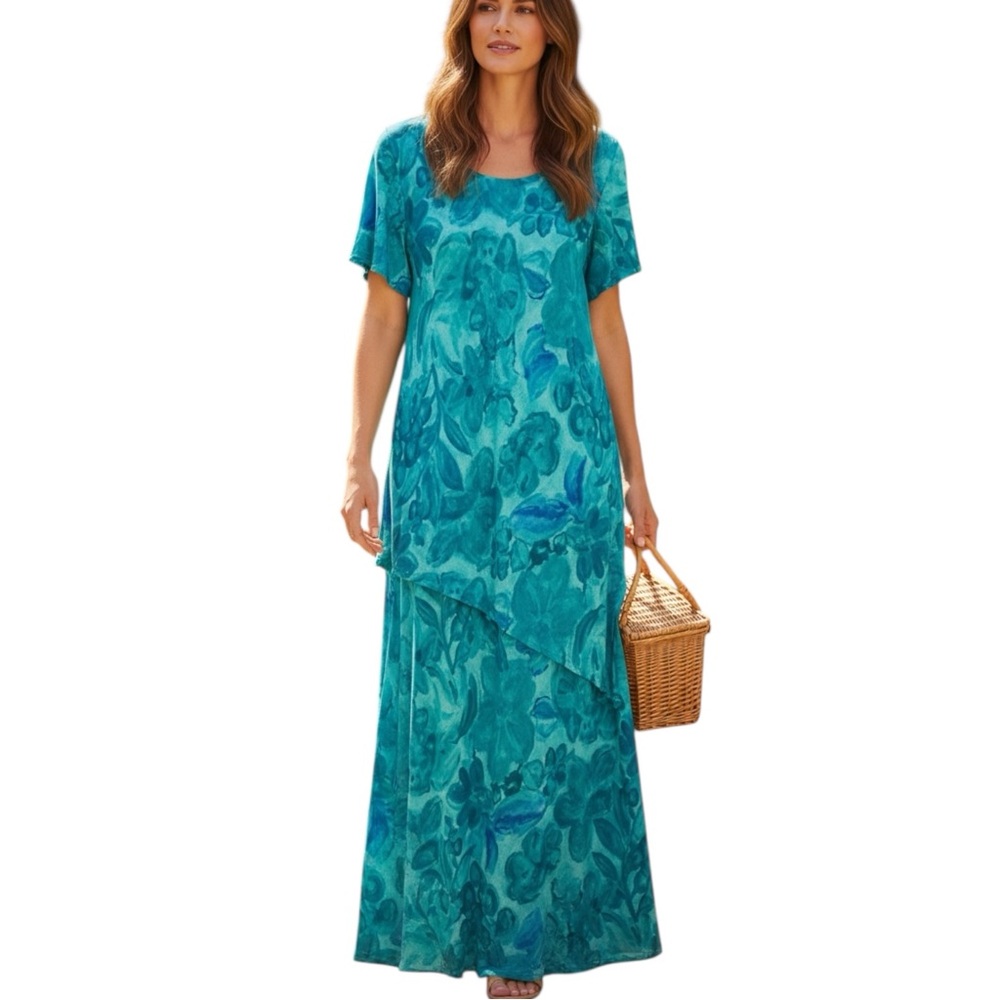 Rabbit Rabbit Rabbit Designs Teal Floral Chiffon Tiered Maxi Dress - Size 16